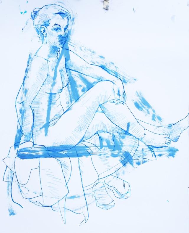 T seated in blues acrylic pastel and pencil